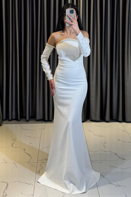 Strapless Pedrería Perlas con Mangas Off Shoulder