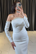 Strapless Pedrería Perlas con Mangas Off Shoulder