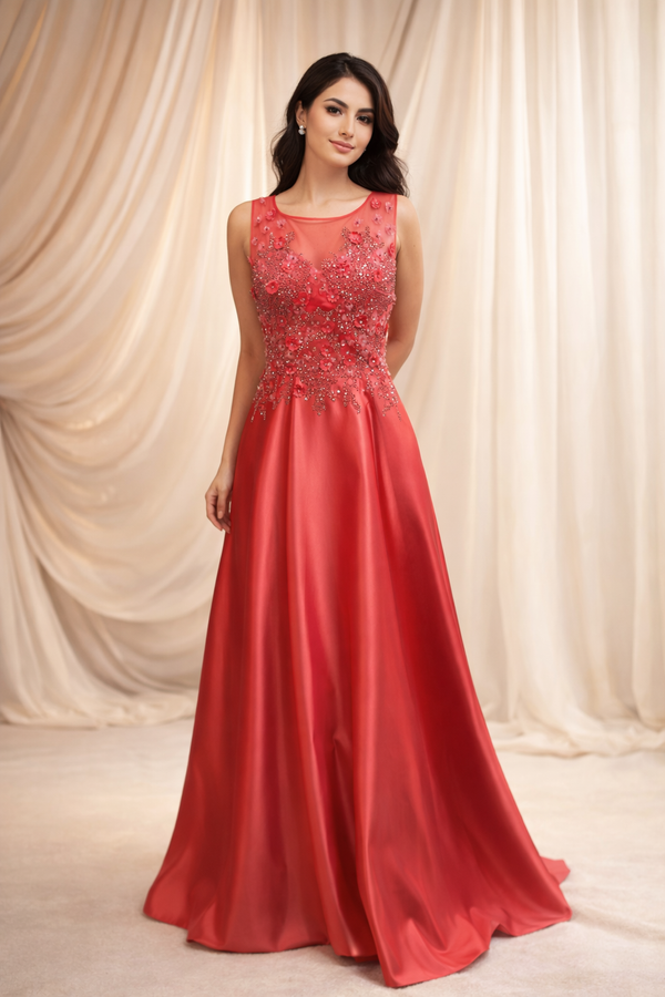 Peach Blossom Dream: Satin Pink Long Dress with Delicate Floral Embellishments