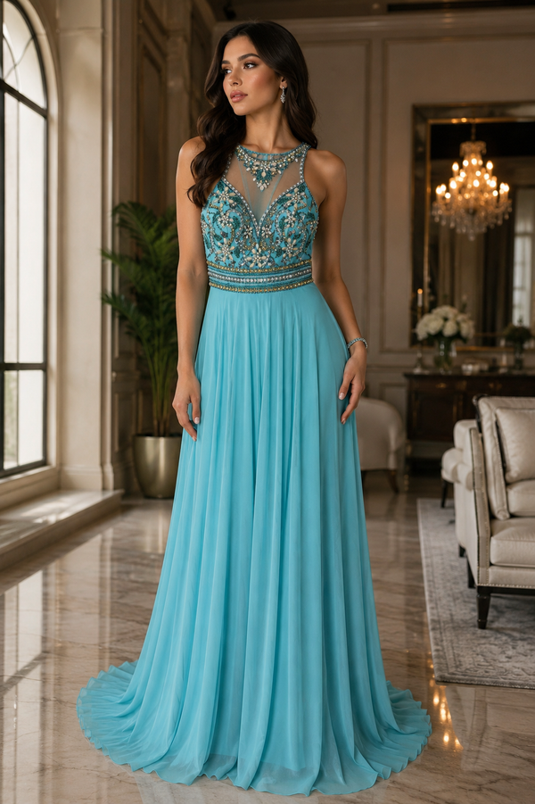 Iridescent Harmony: Chiffon Cascade Dress with Yellow, White, Silver, and Blue Gemstones
