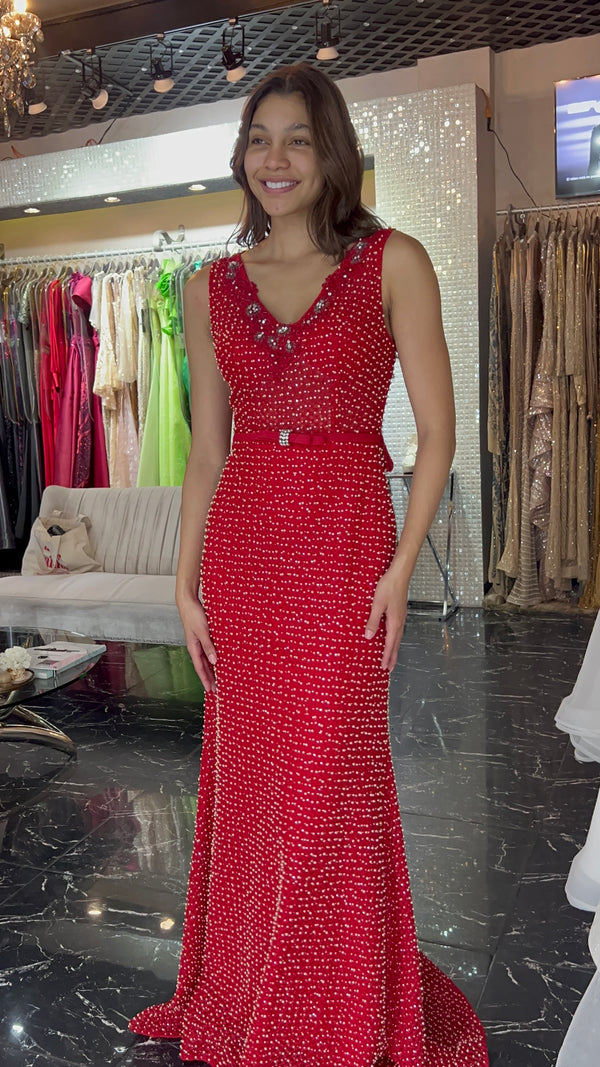 Scarlet Elegance: V-Neck Red Hot Dress with Pearls, Zircons, and Ribbon Belt
