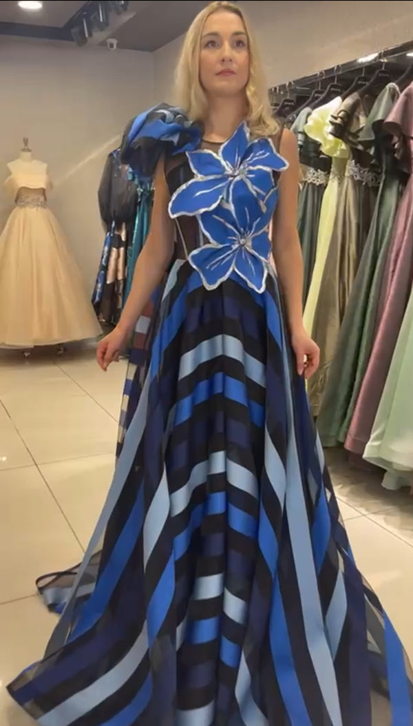 Harmonious Horizon: Long Dress with Dark, Light, and Black Horizontal Lines, Floral Appliques, and One-Sided Long Shawl