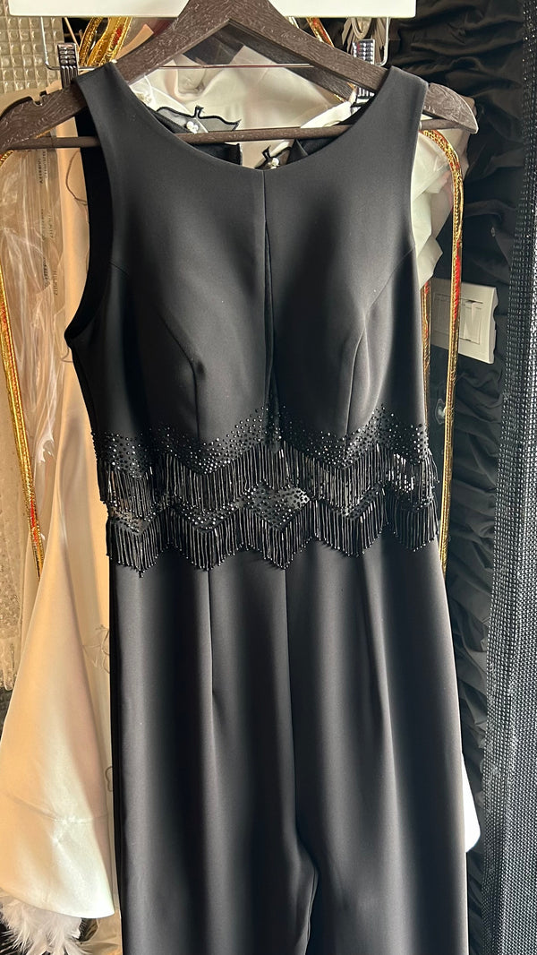 Zigzag Sparkle: Black Sequin Jumpsuit with High Neckline