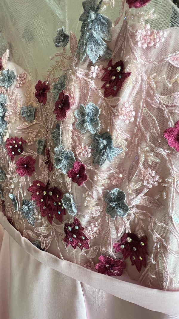 Whimsical Blush: A-Line Satin Dress with Floral Embellishments