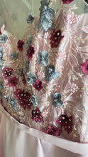 Whimsical Blush: A-Line Satin Dress with Floral Embellishments