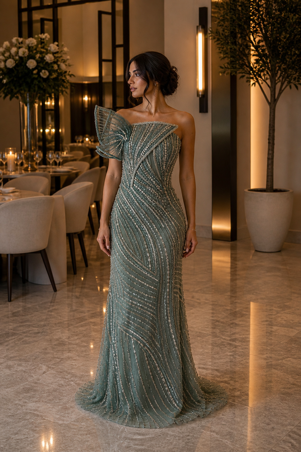 Sage Green Evening Dress Fitted Beaded One Shoulder Structured