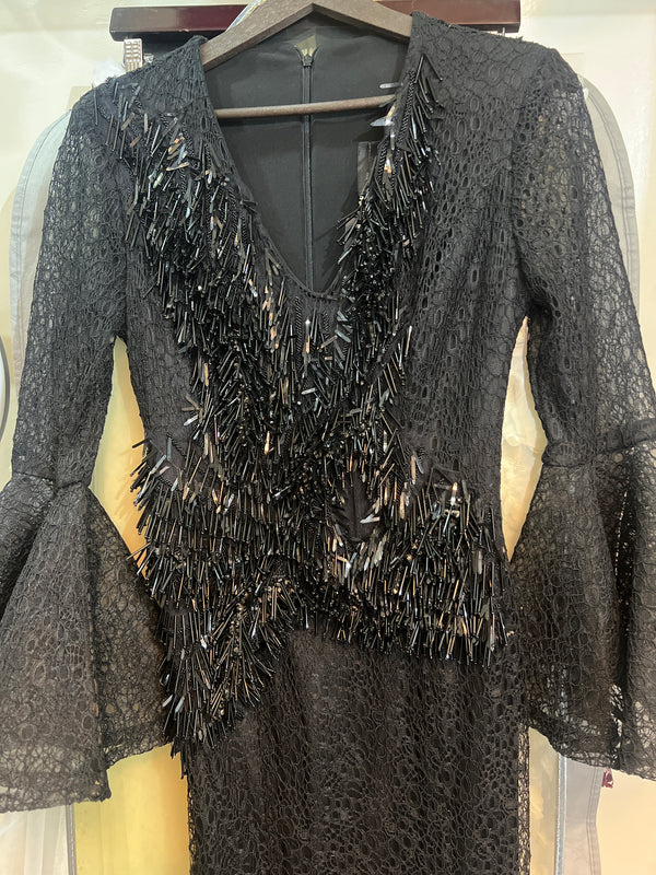 Ebony Elegance: Long Black Dress with Beaded Striped Front