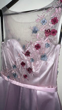 Whimsical Blush: A-Line Satin Dress with Floral Embellishments
