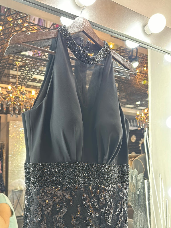 Midnight Sparkle: Black Halter Neck Dress with Iridescent Sequin Shimmer