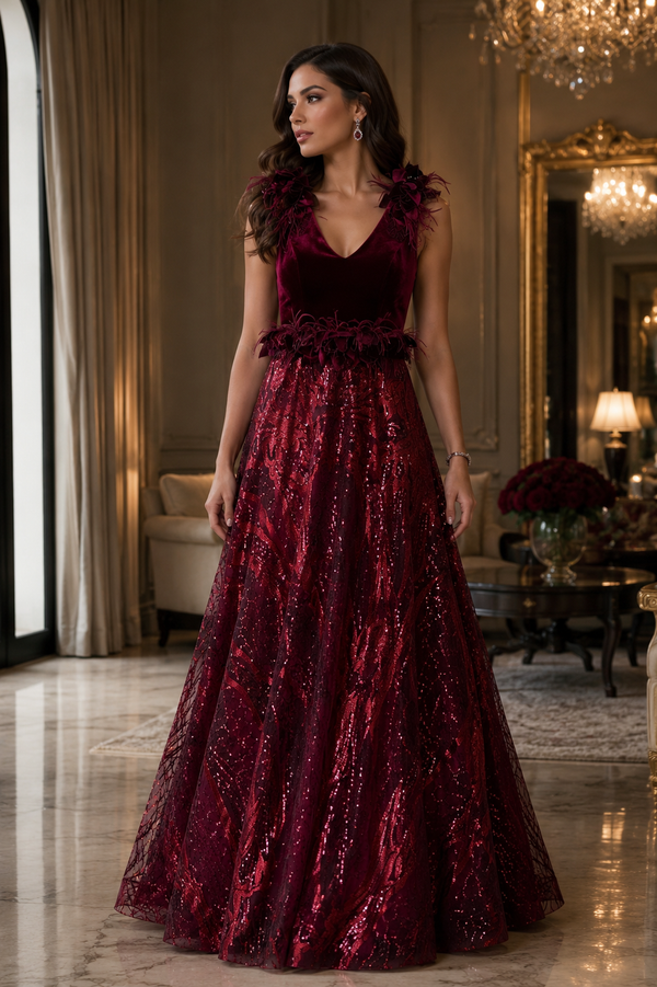 Crimson Velvet Elegance: Red Princess Style Dress with Feathered Straps