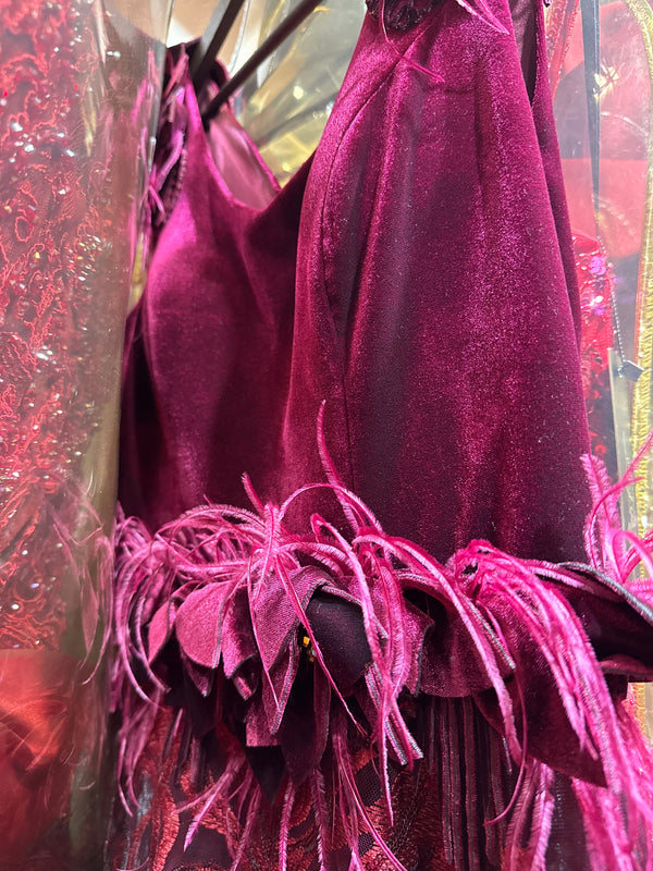 Crimson Velvet Elegance: Red Princess Style Dress with Feathered Straps