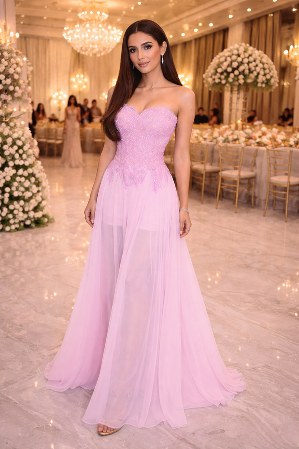 Blushing: Strapless Chiffon Dress with Lace