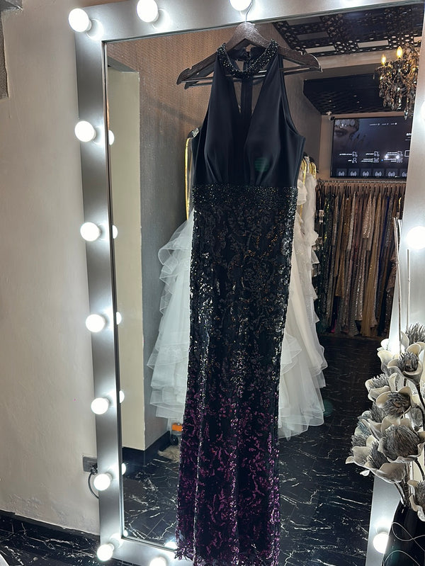 Midnight Sparkle: Black Halter Neck Dress with Iridescent Sequin Shimmer