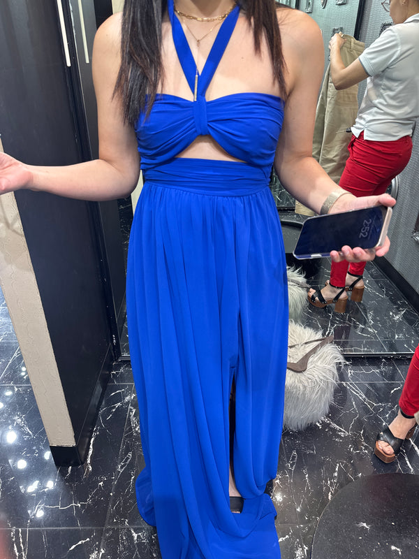 Sonia Formal Halter Cutout Royal Blue Chiffon Long Dress