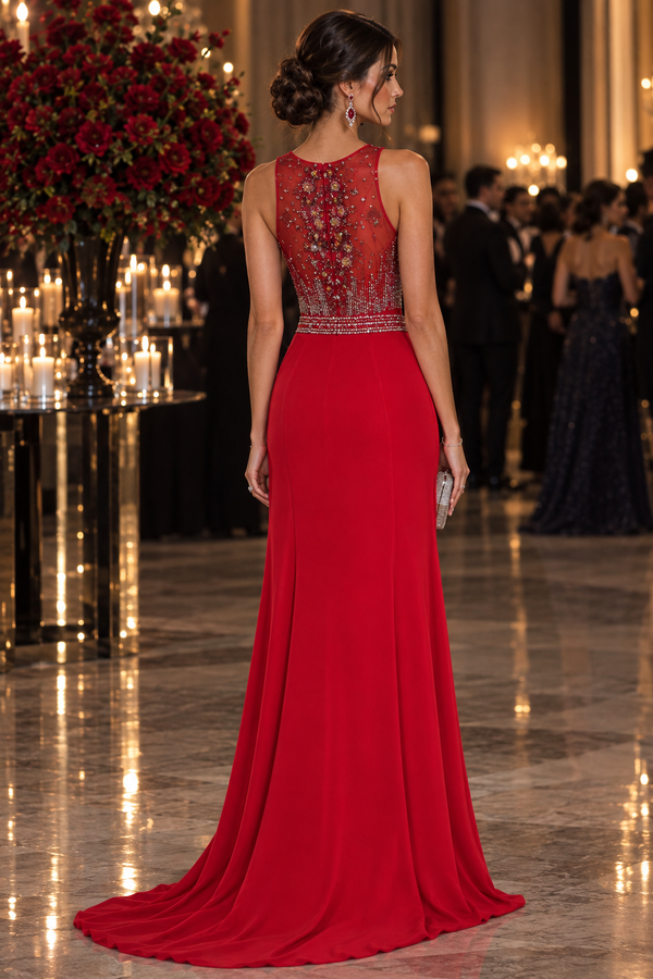 Fiery Elegance: Red Hot Mermaid Dress with Dazzling Embellishments
