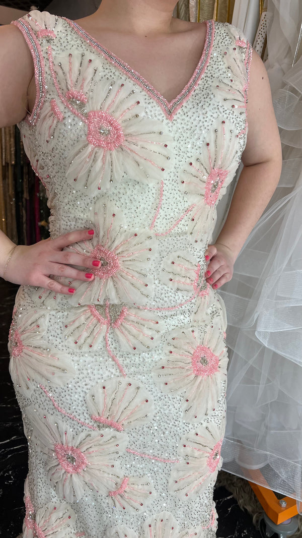 Rose Petals and Glitter: White Dress with Pink & Beige Floral Details