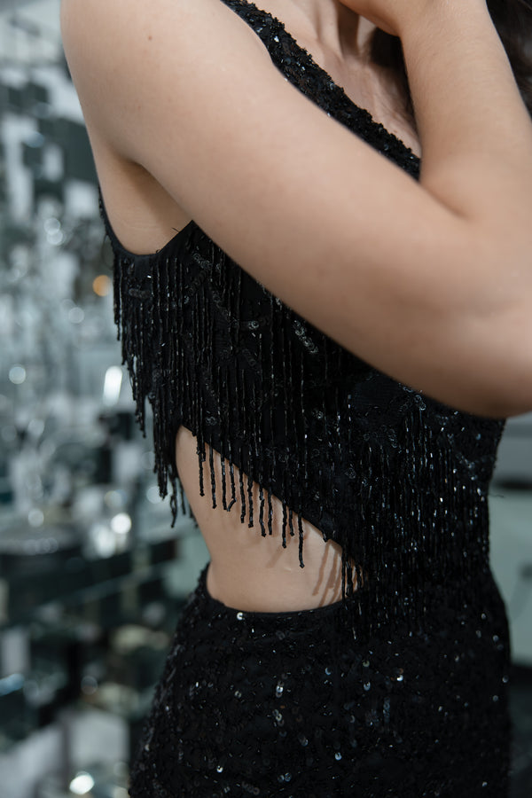 Midnight Glamour: Dark Black Floor-Length Dress with Crystal Embellishments
