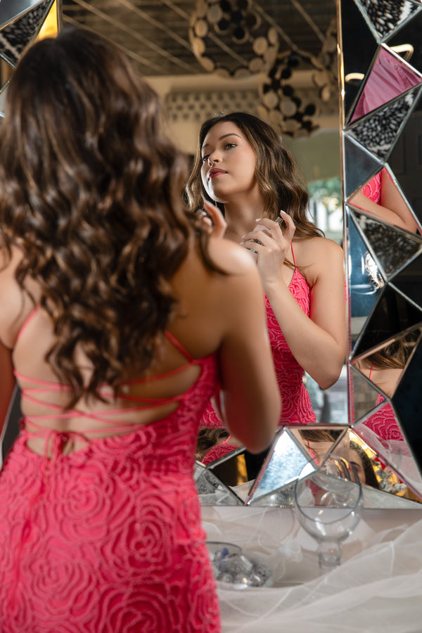Neon Blossoms: Fuchsia Pink Long Dress with Pink Beaded Floral Patterns