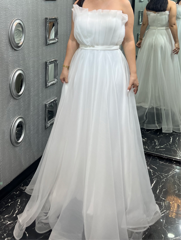 Silver Mist: Off-Shoulder White Dress with Delicate Thin Straps