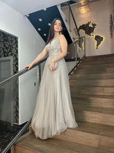 Glimmering Petal Cascade: Gray V-Neck A-line Dress with Silver and Pink Floral