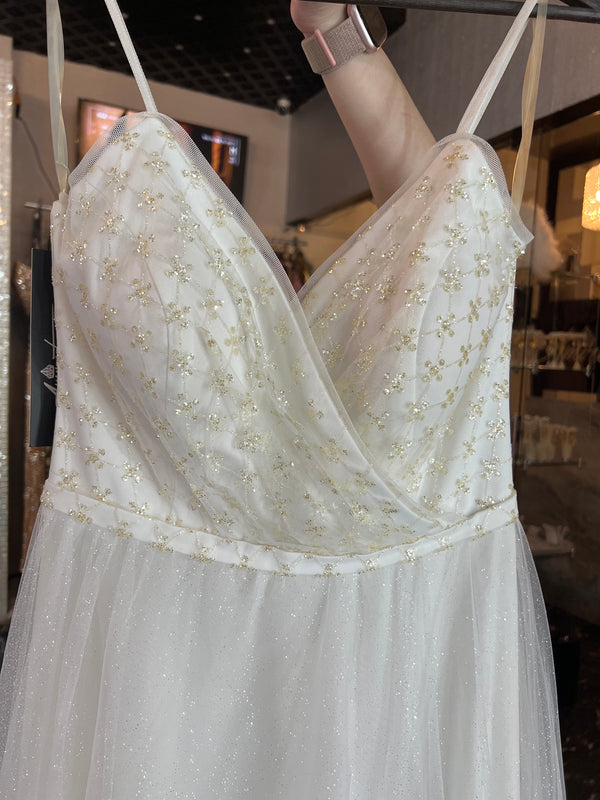 Sparkling Frost: White Glittered Dress with Delicate Straps and V-Neck