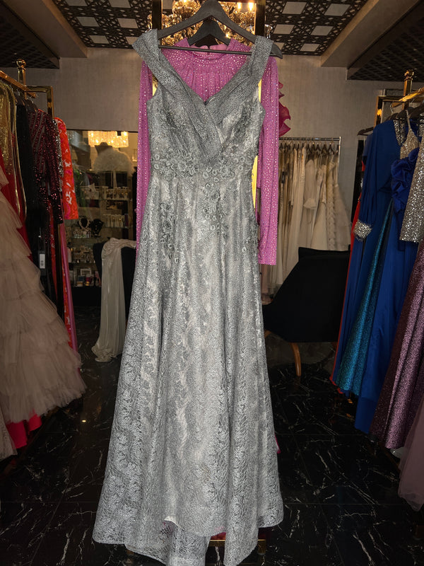 Silver Mist: V-Neck Gray and Silver Lace Dress