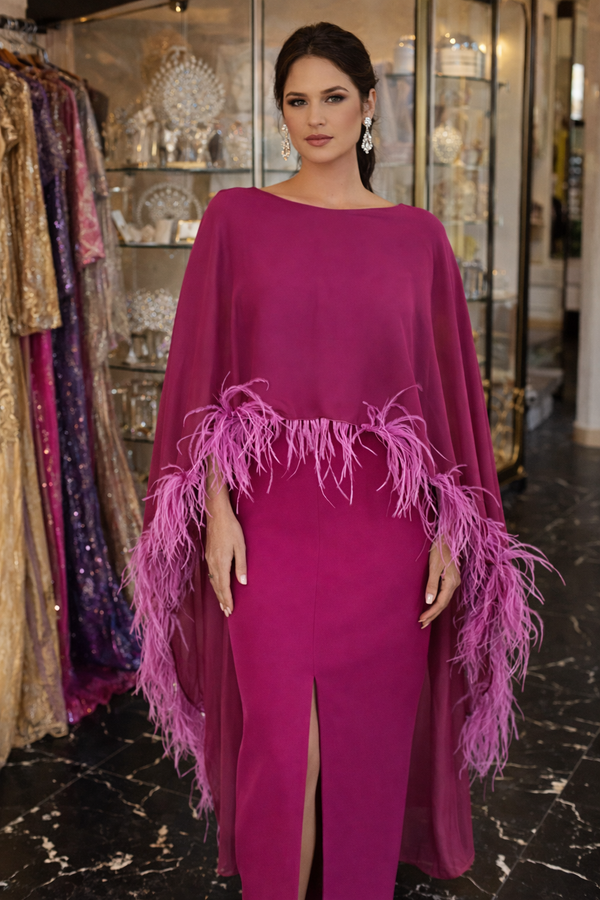 Sophistication feathered dress with cape