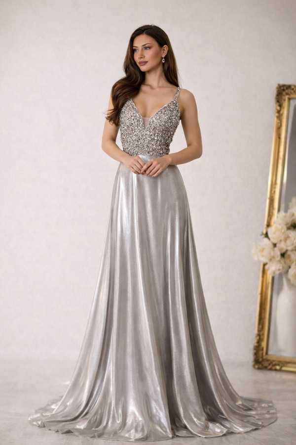 Silver Shimmer: Metallic Sequin Dress with Bold Chest and Strappy Back