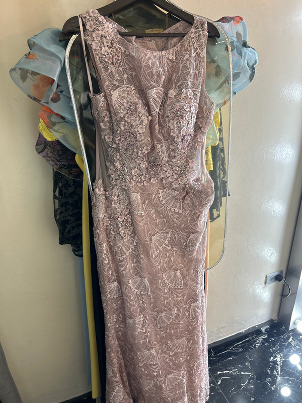 Whispering Rose Elegance: Vintage Pink Mermaid Dress with High Neck Lace