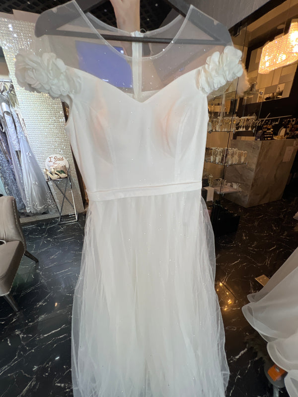 Sparkling Frost: White Glittered Dress with Delicate Straps and V-Neck