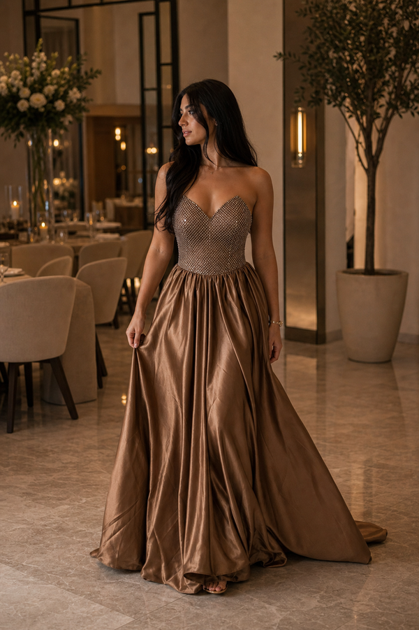 Bronze Evening Dress Ball Gown Satin Strapless Beaded Bodice