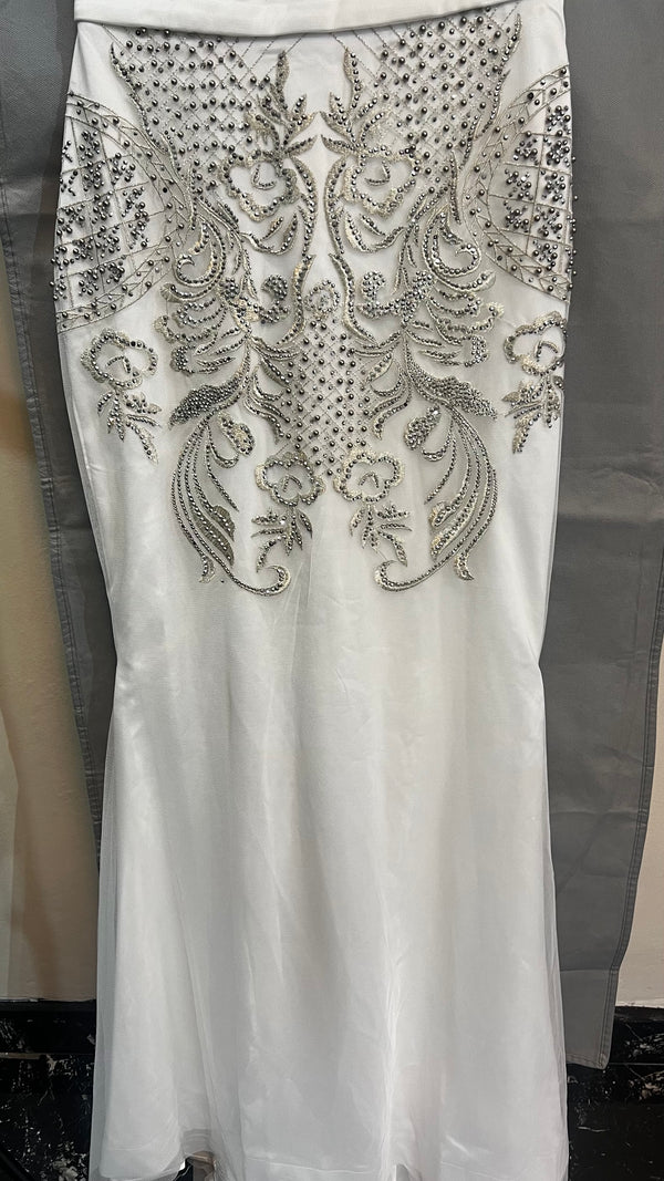 Silver Sea Siren: White Mermaid Dress with Silver Embellishments