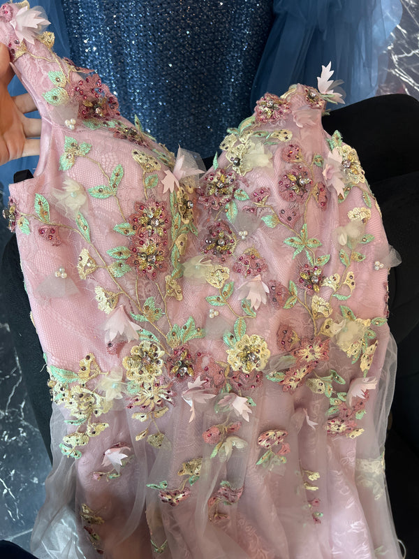 Blossom V-Neck Pink A-Line Dress: Sparkling Floral Sequin Magic