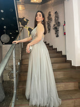 Glimmering Petal Cascade: Gray V-Neck A-line Dress with Silver and Pink Floral