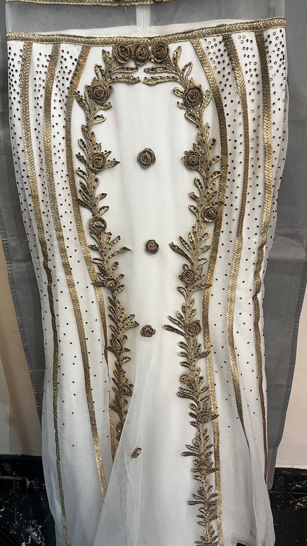 Golden Garden: White Dress with 3D Flowers and Gold Accents