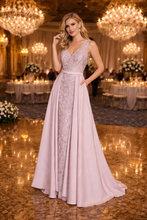 Blushing Elegance: Light Pink Mermaid Dress with Lace, Gems, Pearls, and Princess-like Flowing Skirt