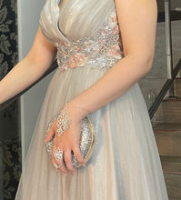 Glimmering Petal Cascade: Gray V-Neck A-line Dress with Silver and Pink Floral