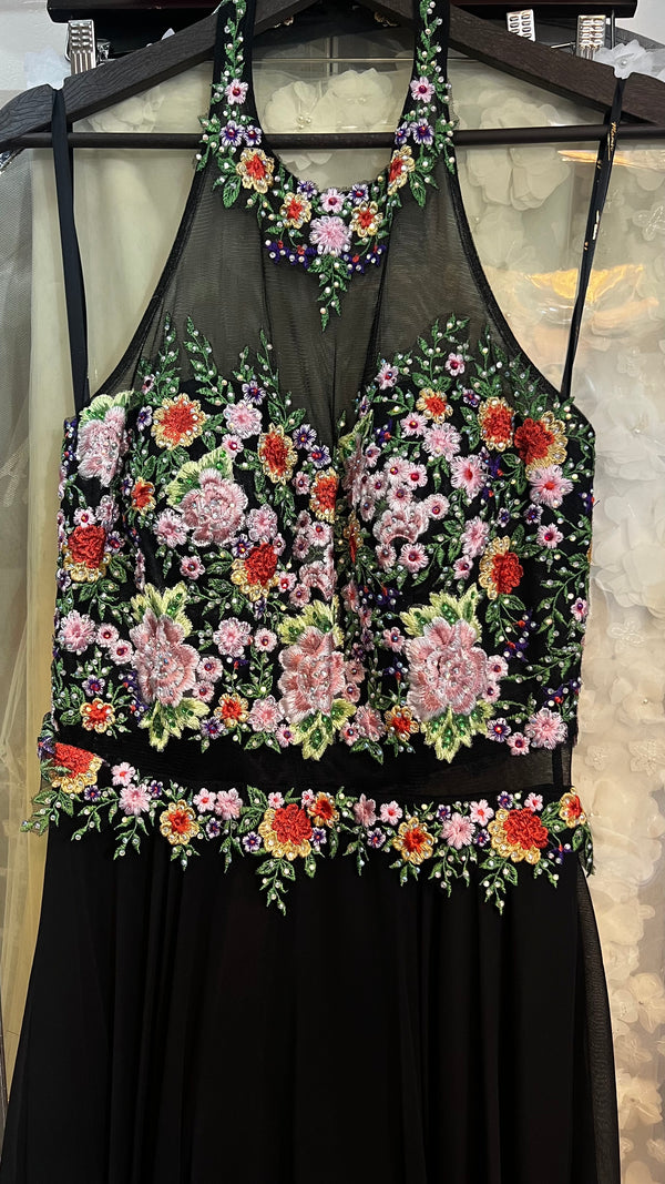 Midnight Blossom: Black Chiffon Halter Neck Dress with Pink and Red Flower Appliques