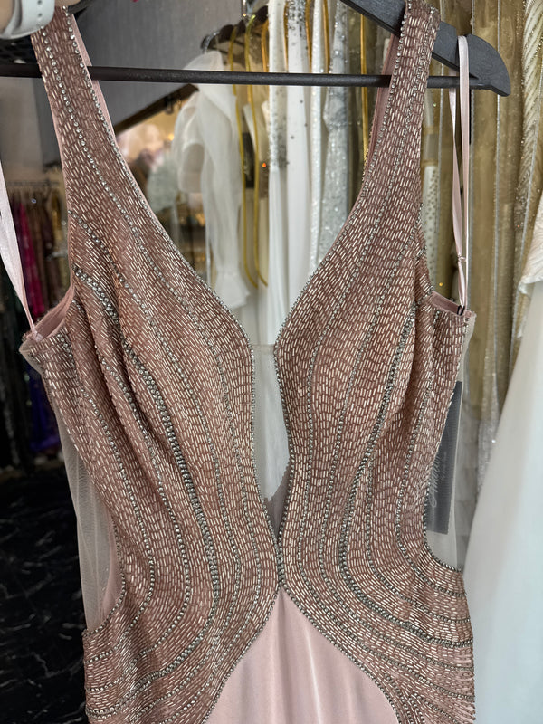 Vintage Blush: V-Neck Old Rose Dress with Alluring Stone Accents