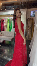 Scarlet Elegance: V-Neck Red Hot Dress with Pearls, Zircons, and Ribbon Belt