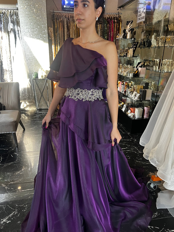 Amethyst Elegance: One-Shoulder Long Dress with Silver Crystal Waist