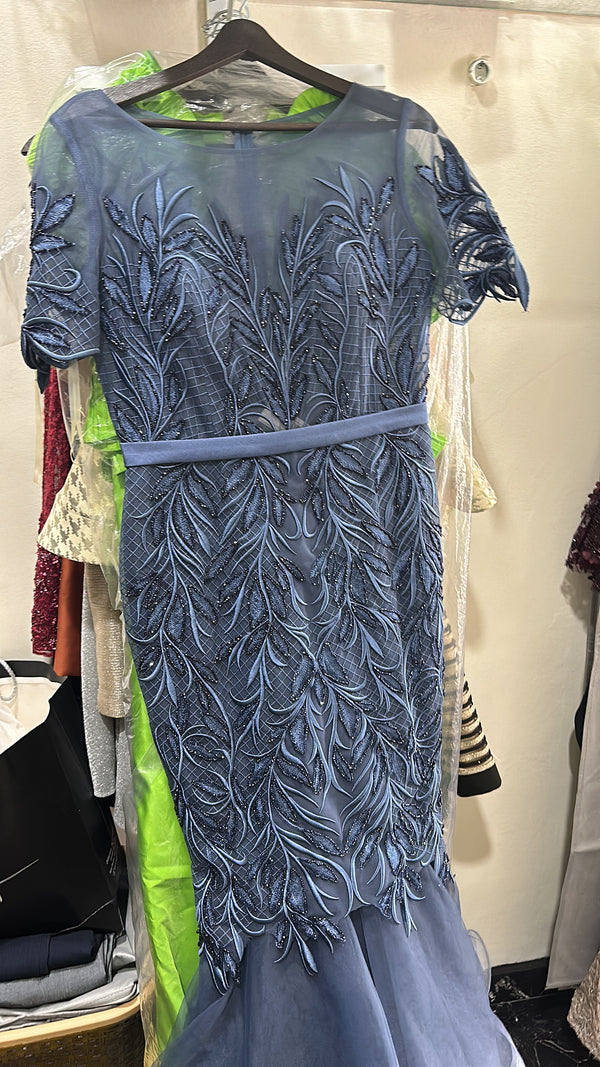 Midnight Garden: Dark Blue Dress with Leafy Lace