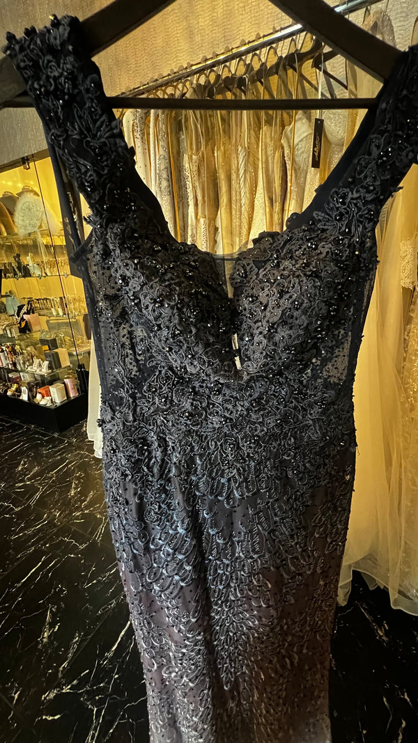 Midnight Mermaid: Dark Blue and Silver Off-Shoulder Dress