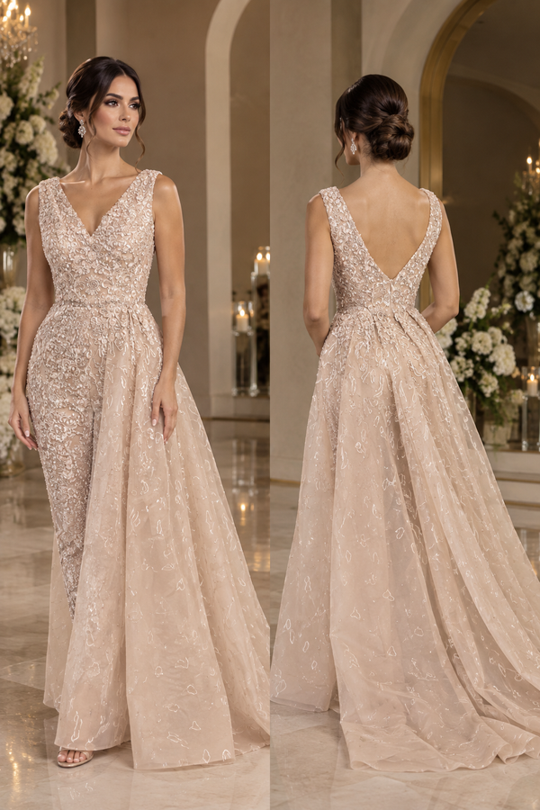 Blushing Brilliance: Beige-Pink Dress with Stunning Silver Embellishments