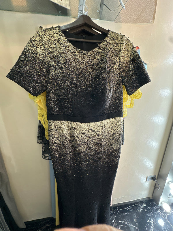 Ebony Elegance: Black Dress with Scattered Black Pearls & Golden Splashes
