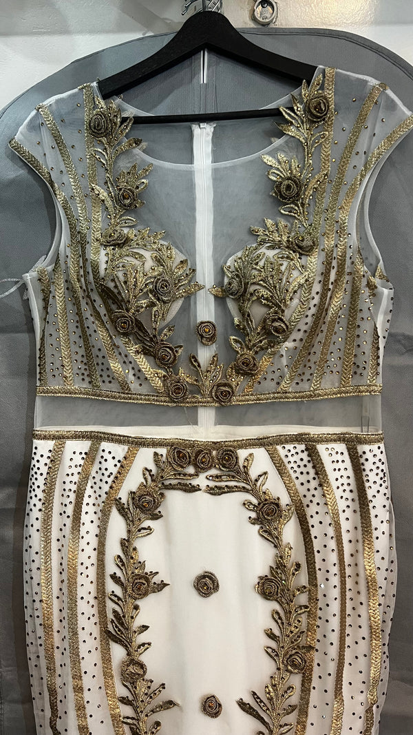 Golden Garden: White Dress with 3D Flowers and Gold Accents