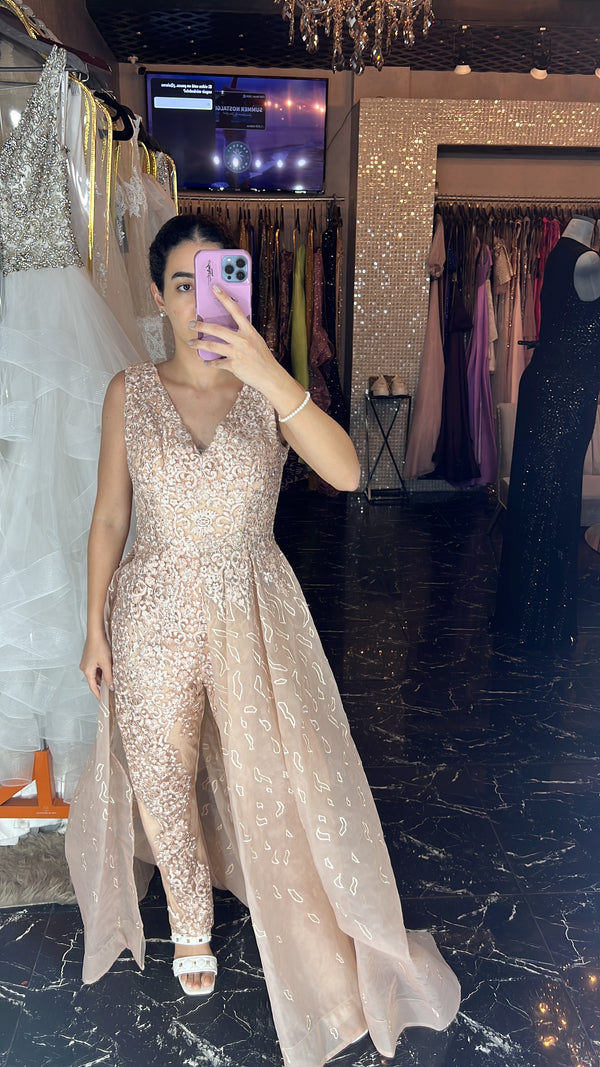 Blushing Brilliance: Beige-Pink Dress with Stunning Silver Embellishments