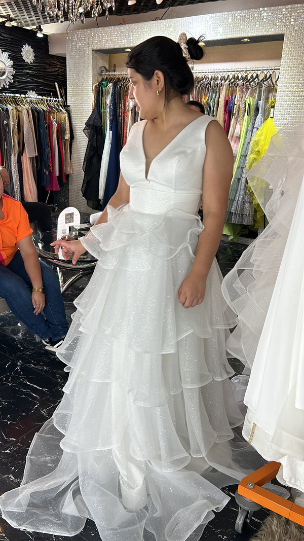 Radiant Crystal: White V-Neck Dress with Sparkling Layers
