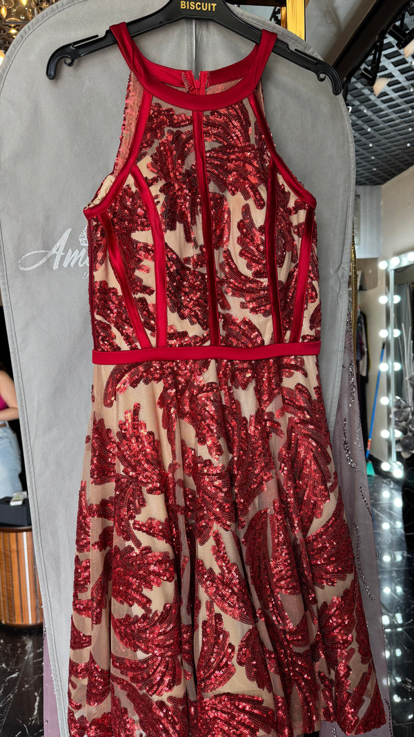Fiery Sequin Halter Mini Dress in Beige and Red
