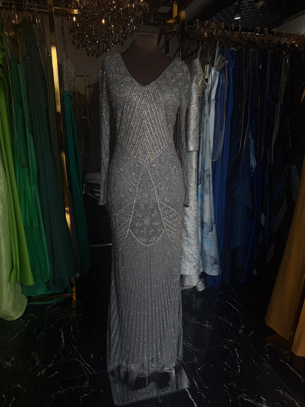 Abstract Grey V-neck Long Sleeve Dress